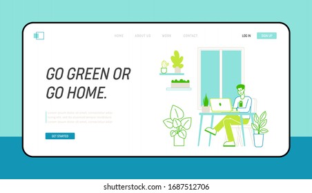 Green Office Landing Page Template. Business Man Character Work on Laptop in Modern Eco-friendly Area with Plants and Flowers. Biophilic Design Room, Eco Friendly Workspace. Linear Vector Illustration