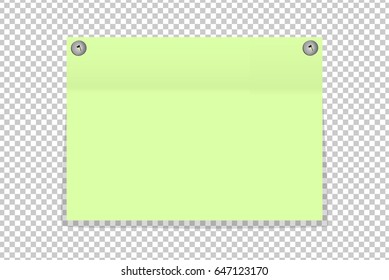 Green office paper sticker on metal pins isolated. Vector illustration