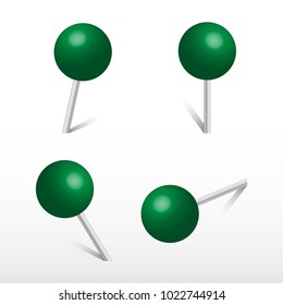 Green office round push pins. 3d push pin. Set vector realistic office attach button.
