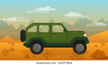 Green off-road car in desert on mountains background