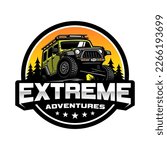 Green offroad car logo vector illustration. Against the background of sunset and pine trees, there is extreme adventure writing. Perfect for logos, posters, stickers, and t-shirts.