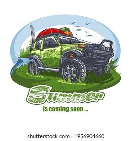 Green off-road car with luggage on the roof near the lake with the inscription. Can be printed on T-shirts.