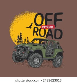 Green off-road vehicle illustration with dramatic sun and trees.