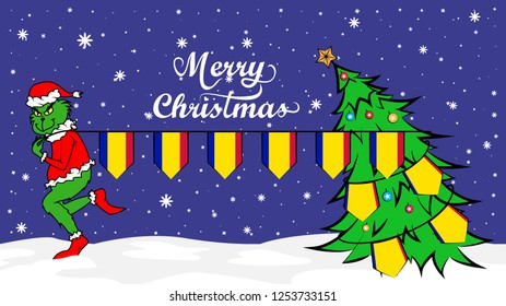 Green Ogre steals national flag of Andorra illustration in Christmas poster