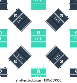 Green Oil barrel icon isolated seamless pattern on white background. Oil drum container. For infographics, fuel, industry, power, ecology. Vector.