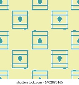 Green Oil barrel line icon isolated seamless pattern on yellow background. Oil drum container. For infographics, fuel, industry, power, ecology. Vector Illustration
