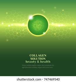 Green oil bubbles on precious background.Collagen emulsion in water. Gold serum droplets.Package design cosmetic products.Vector illustration.