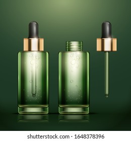 Green oil essence bottles mockup set on green background in 3d illustration