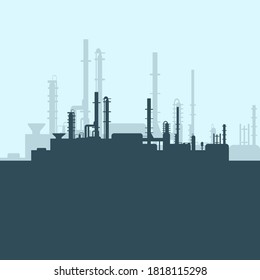 Green oil factory silhouette on white background. Petroleum industry. Vector template for web, infographics or interface design. Oil and gas market. Energy business and environmental problems