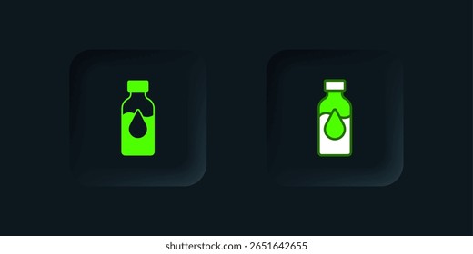 Ícone do tubo de teste de petróleo verde isolado no fundo preto. Balão de memória e queda. Botão quadrado preto. Vetor