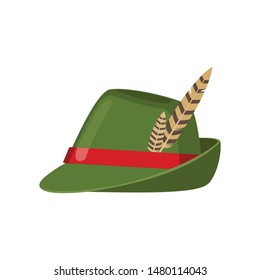 Green oktoberfest hat icon with feather in flat style isolated on white background. Vector illustration.