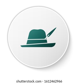 Green Oktoberfest hat icon isolated on white background. Hunter hat with feather. German hat. White circle button. Vector Illustration