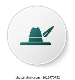 Green Oktoberfest hat icon isolated on white background. Hunter hat with feather. German hat. White circle button. Vector Illustration