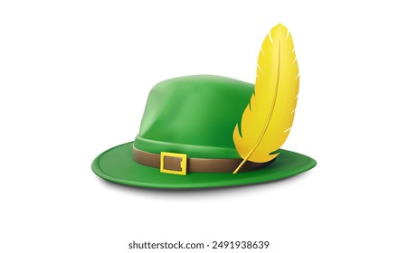 Sombrero Oktoberfest verde con plumas amarillas. Sombrero bávaro de Vector aislado en 3D con hebilla y pluma, que simboliza el traje tradicional alemán de Oktoberfest