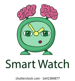 green old alarm clock with brains on the head instead of a bell. smart watch. white background cartoon isolated stock vector illustration