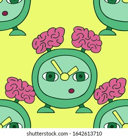 green old alarm clock with brains on the head instead of a bell. smart watch. stock seamless pattern