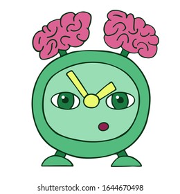 green old alarm clock with brains on the head instead of a bell. smart watch. white background cartoon isolated stock vector illustration