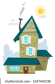 Green old crooked house on a white background clipart cartoon fun. Vector illustration in cartoon style.