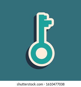 Green Old key icon isolated on blue background. Long shadow style. Vector Illustration