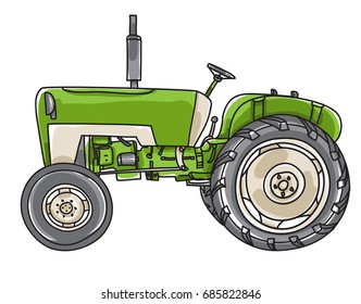 green old Tractor  Vintage hand drawn cute vector line art illustration