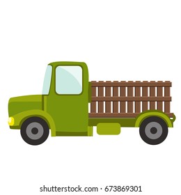 A green old truck with a large window and a wooden trailer of boards. A car for the transport of harvest. Element for drawing postcards for Thanksgiving. Can be used in newsletter, brochures, banner.