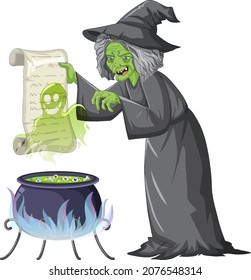 Green old witch character on white background illustration