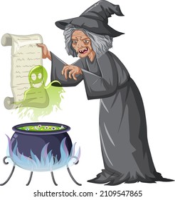 Green old witch character on white background illustration