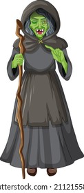 Green old witch character on white background illustration