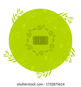 Green olive background with branches and circles. Round shape with space for text. Wreath