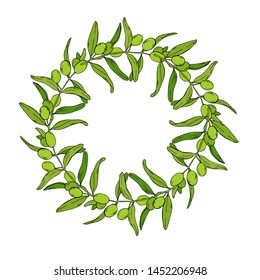Green olive branch frame isolated on white background. Hand drawn vector illustration.