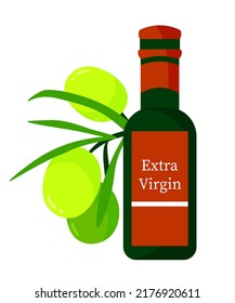 Green olive branch with fruits and olive oil bottle cartoon illustration isolated on white background. Vector colorful fresh organic healthy food concept. Logo branding design element.