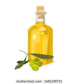 Green olive branch with leaves and fresh extra virgin yellow oil in glass corked bottle. Ingredient for healthy, vegetarian dishes in transparent kitchenware. Vector illustration isolated on white.