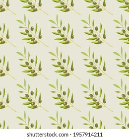 Green olive branch pattern. Idea for decors, ornaments, wallpapers, gifts, damask, paper, covers, templates, celebrations, summer holidays, food themes. Creative vector illustration on light green.