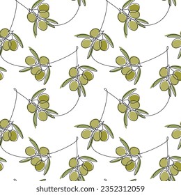 Green olive branch seamless pattern vector. Line continuous background illustration. Botanical outline backdrop, wallpaper, berries fabric, textile, print, wrapping paper, package design, card, banner