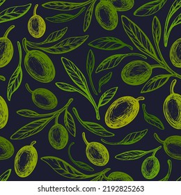 Green olive branch. Vintage seamless pattern. Vector hand drawn texture twig, nature fruit, graphic leaves on black background. Organic natural fresh oil