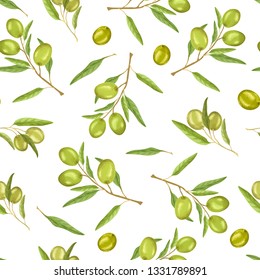 Green olive branches on a white background. Seamless plant pattern