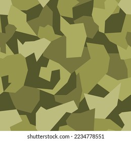 Green and olive camouflage texture. Khaki seamless vector pattern consists of abstract geometric shapes and rectangles with sharp angles.
