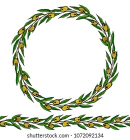 Green Olive Endless Brush. Olive Leaves Round Wreath. Realistic Hand Drawn Illustration. Savoyar Doodle Style.