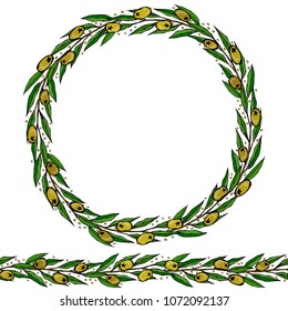 Green Olive Endless Brush. Olive Leaves Round Wreath. Realistic Hand Drawn Illustration. Savoyar Doodle Style.