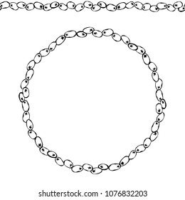 Green Olive Endless Brush. Olive Round Wreath. Realistic Hand Drawn Illustration. Savoyar Doodle Style.