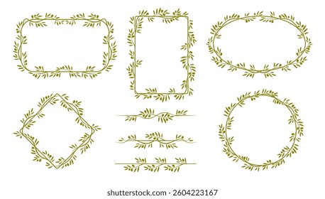 Green olive frames, dividers and borders of vector tree branches and leaves vintage pattern. Italian or greek vegetable oil, nature food and fruit plant frames with green olive tree branches wreaths