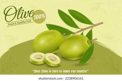 Green Olive fruit vector illustration with olive slices 