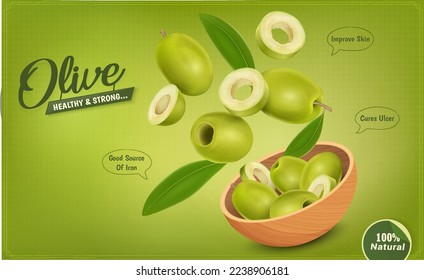 Green Olive fruits with wooden bowl and fruit slices isolated on light green background