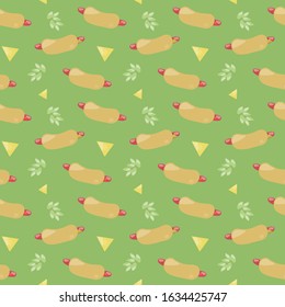 Green olive greens seamless pattern texture with beige hot dog nachos green delicious gift food red sausage food snack vector background
