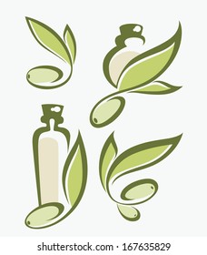 green olive, leaves, bottles and oil , vector collection of signs, symbols and icons in light color