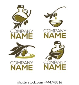green olive, leaves, bottles and oil , vector collection of signs, symbols, logo and icons

