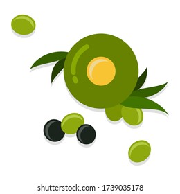 Green olive with leaves close-up and several small flat icon vector isolated