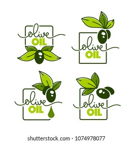 green olive leaves, lettering compositions and oil splashes , vector collection of logo templates, doodle frames, labels, symbols