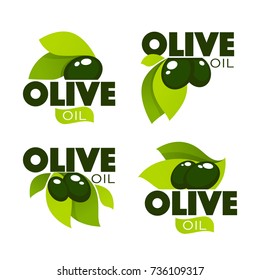 Green Olive Leaves, Lettering Compositions And Oil Splashes , Vector Collection Of Logo Templates, Labels, Symbols 