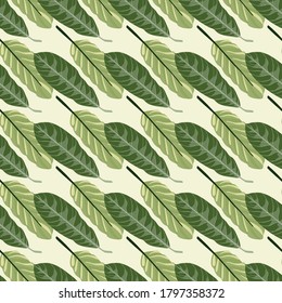 Green and olive leaves silhouettes seamless pattern. Doodle simple ornament on light pastel background. Great for wallpaper, textile, wrapping paper, fabric print. Vector illustration.